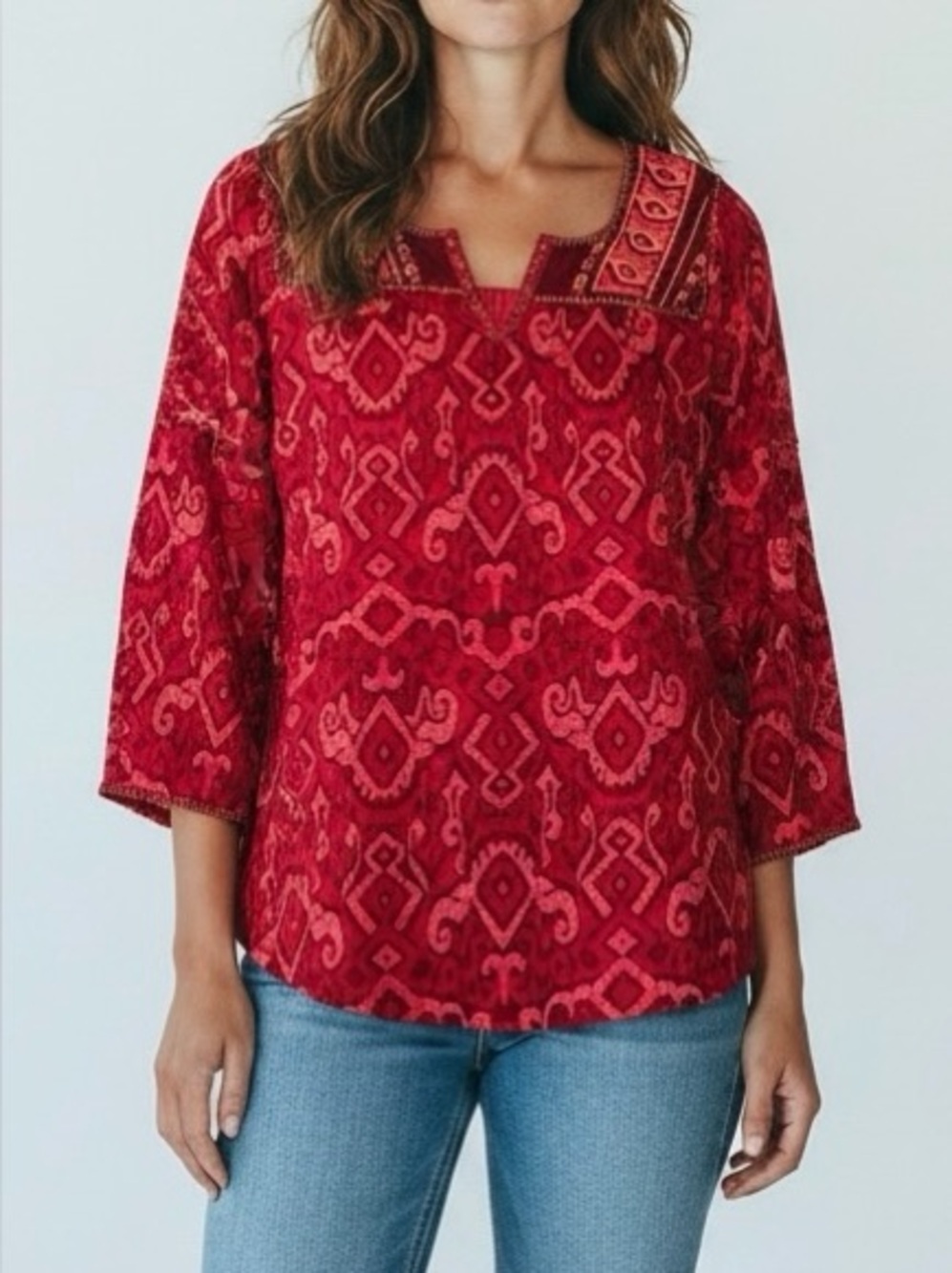 Lucky Brand Embroidered Boho Ethnic Tribal Print Peasant Top 3/4 Sleeve Red NWT